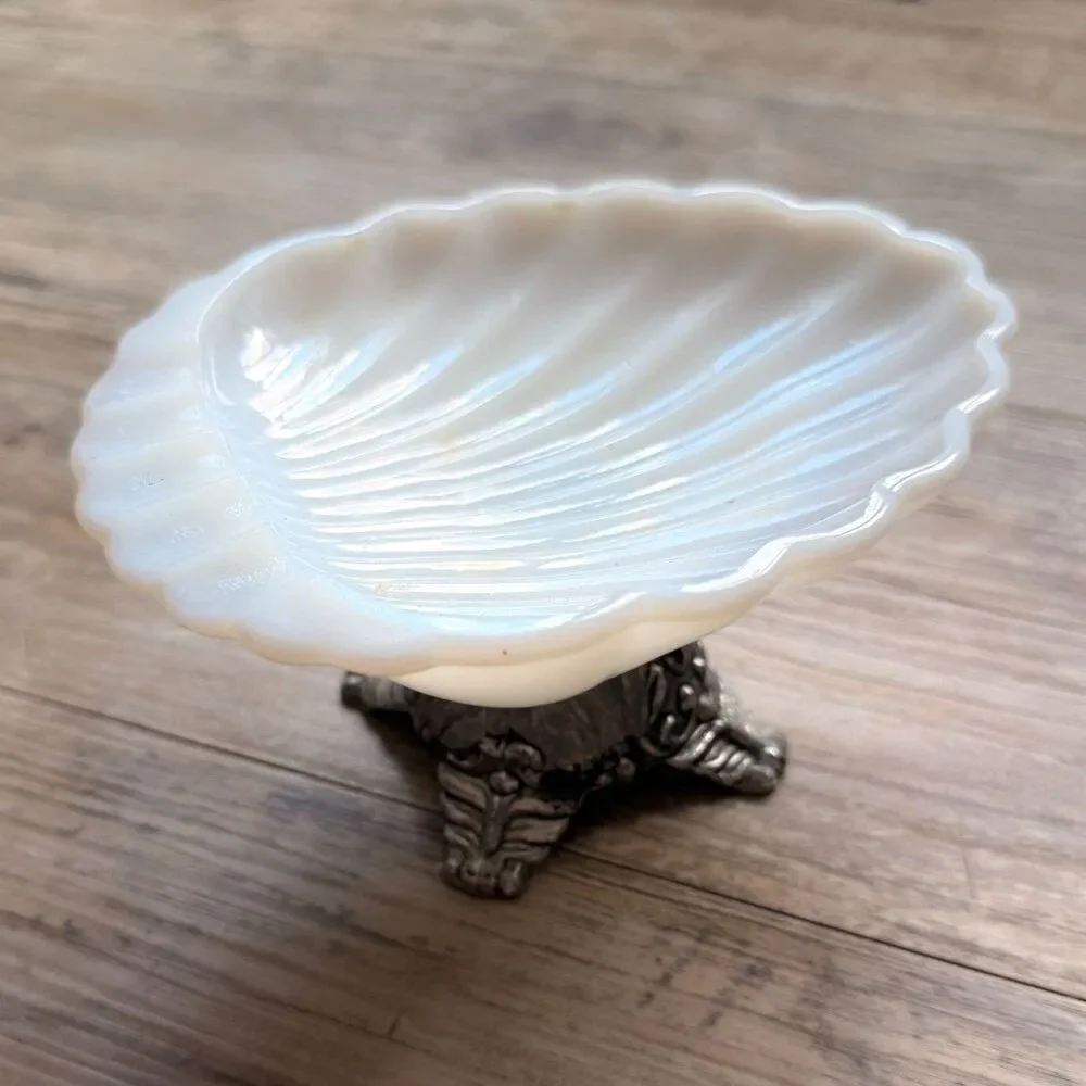 Vintage Milk Glass Shell Dish Pedestal Soap Dish Coastal Cottage Jewelry Trinket